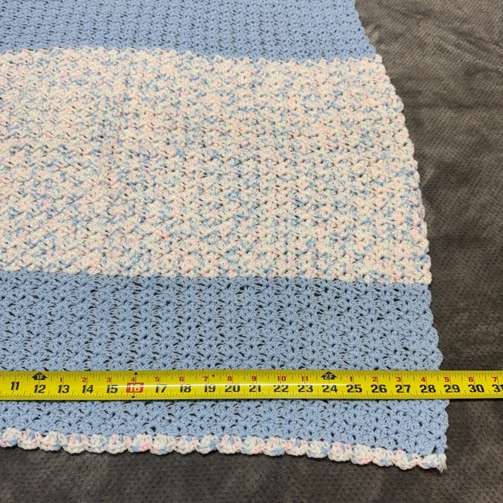 Handmade Crochet Baby Blanket Blue Pink White Striped Scalloped Border 29x30